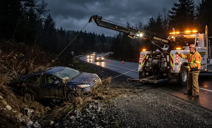 A tow truck winching a crashed vehicle back onto the road