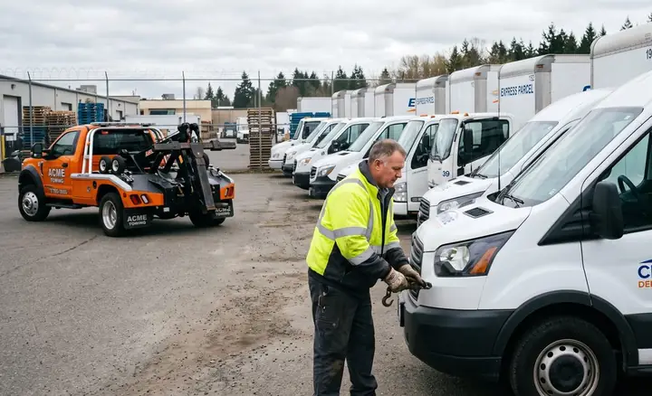A tow operator hooking up a company van in a fleet yard of delivery trucks