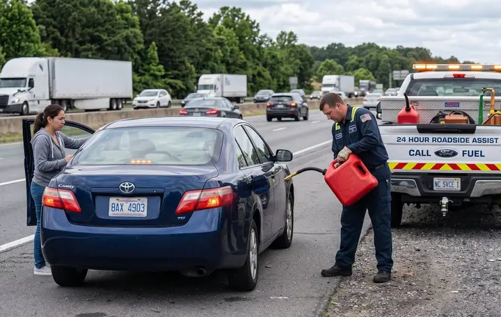 A technician pouring fuel from a gas can into a stranded car
