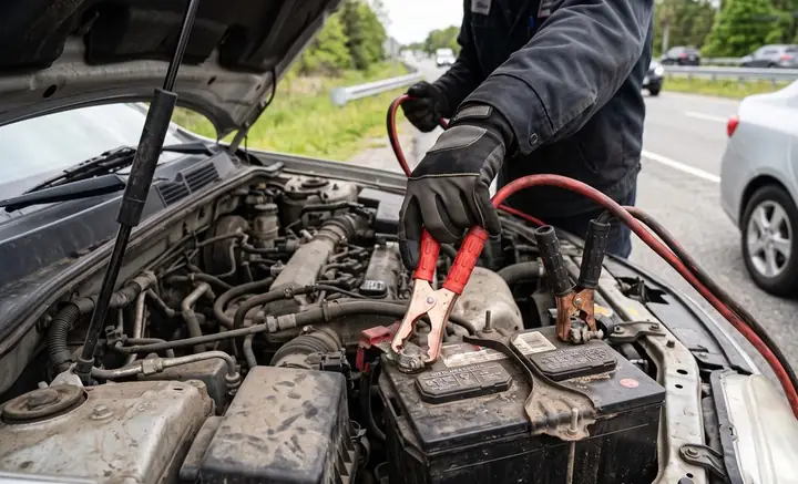 Jumper cables clamped to a car battery under an open hood