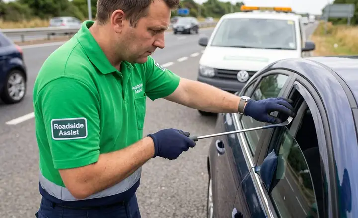 A technician opening a locked car door with a professional lockout tool