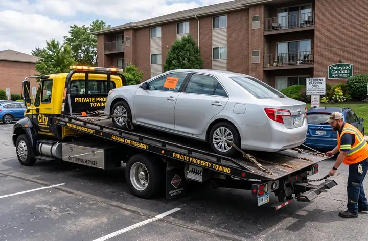 A tow truck removing an unauthorized vehicle from a private lot