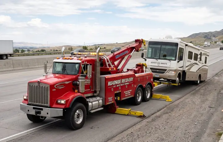 A heavy-duty tow truck recovering a motorhome on the highway shoulder