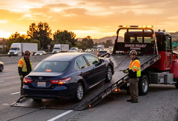 A flatbed tow truck loading a car on the roadside at golden hour